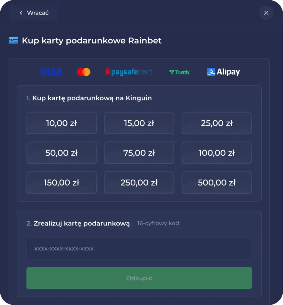 Rainbet Polska zakup kart podarunkowych online