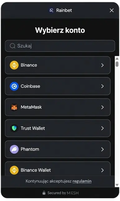 Portfel krypto na stronie Rainbet Polska
