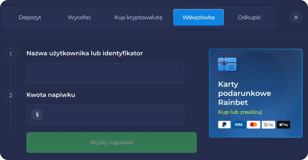Rainbet Polska funkcja napiwku dla graczy