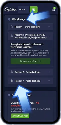Rainbet Polska weryfikacja tożsamości potwierdzenie e-mail przesyłanie dowodu i zaświadczenia o dochodach
